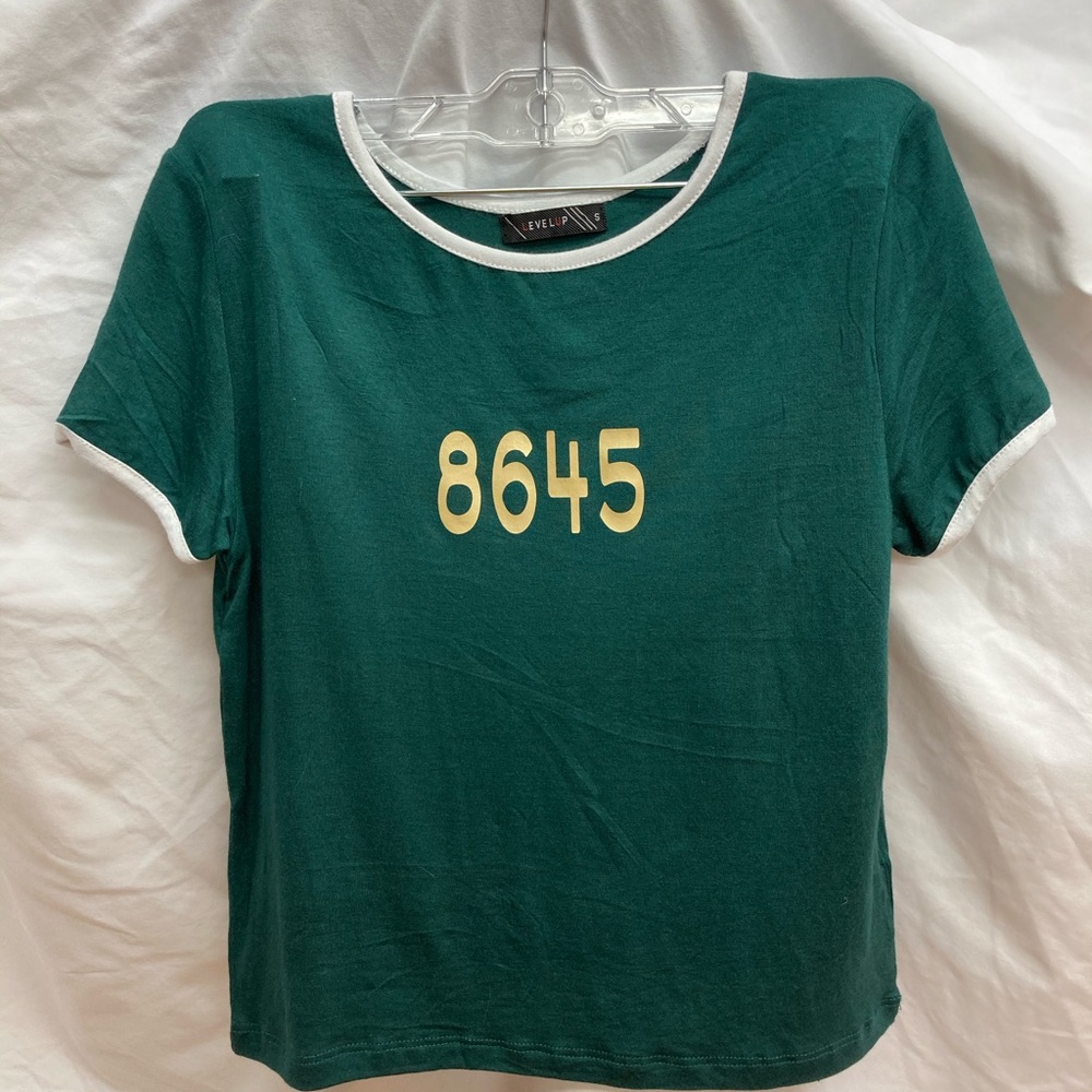 “8645” Tshirt in green with white trim